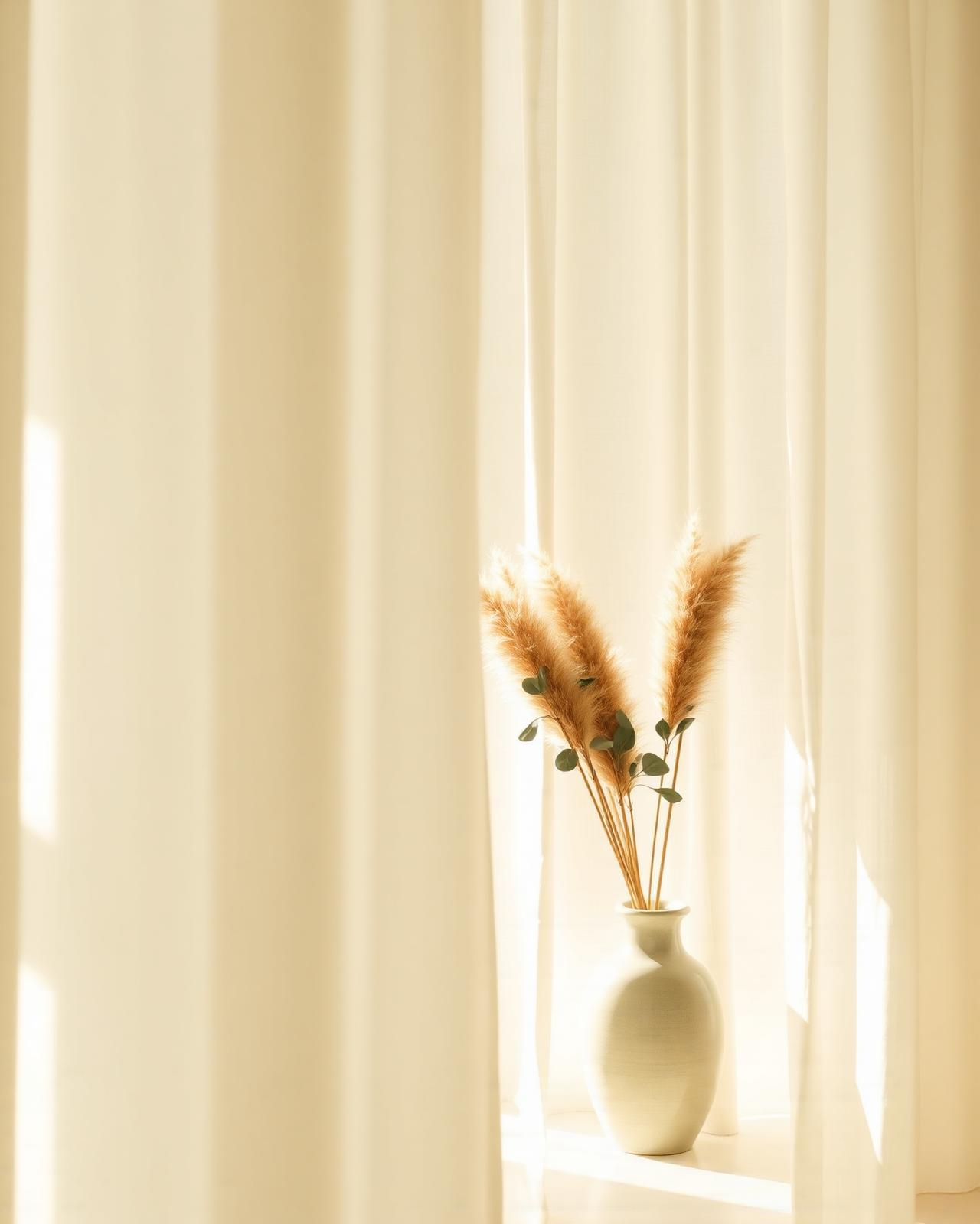 Soft morning light through linen curtains with pampas grass and eucalyptus